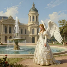 neoclassical tower with dome next to palace and a fountain. the elegant princess in foreground is walking. battle angel alita. by rembrandt 1 6 6 7, illustration