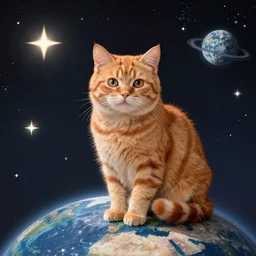 A fuzzy orange cat sitting on planet earth, space with stars in the background, trending on artstation, Tim Burton’s Art Style