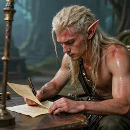 a sea elf trying to get an incredibly sweaty commander to sign a piece of parchment fantasy 4k