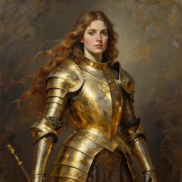 beautiful female warrior, half body portrait, long flowing hair, heavy gold armour, realistic oil painting by thomas cole and wayne barlowe