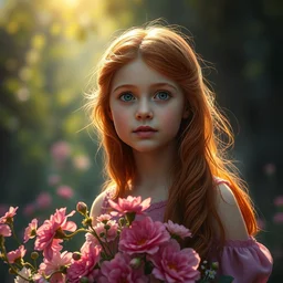 4 year old princess of flowers. long ginger hair. atmospheric lighting. highly detailed digital painting by greg rutkowski. sharp focus, 8 k.