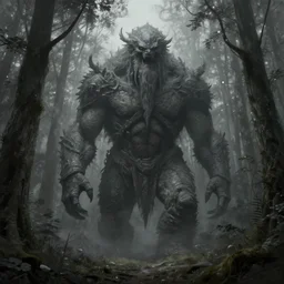 a giant in a gray forest, eerie, concept art, digital painting, trending on artstation, hyper detailed