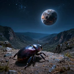 photo of a giant crawling beetle watching an incoming asteroid from the sky, night time, ultra realistic, mountainous valley
