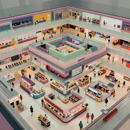 huge sprawling angular dimension of infinite 8 0 s mall interior. liminal space, surrealism, mallsoft, vaporwave. muted colors, 8 0 s pop culture, food court, shot from above, endless, neverending epic scale by escher and ricardo bofill