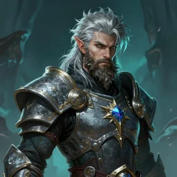 an epic fantastic realism comic book style portrait painting of an aasimar paladin, male, shaggy silver hair, scruffy brown beard, d & d concept art, unreal 5, daz, teal aesthetic, octane render, cosplay, rpg portrait, dynamic lighting