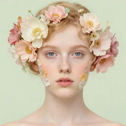 flowers morphing in a girls face, film still by wes anderson, depicted by balthus, limited color palette, very intricate, art nouveau, highly detailed, lights by hopper, soft pastel colors, minimalist