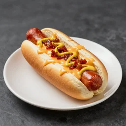 A delicious hot dog on a plate, garnish, melted cheese, relish, mustard, chili, food photography, michelin star