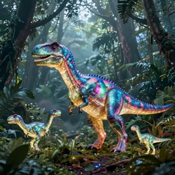 spectral holographic glowing dinosaurs, foggy jungle in the background, by seb mckinnon