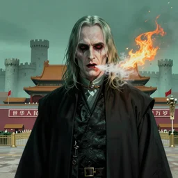 portrait of voldemort, in front of tiananmen square in beijing ， exudes terror, castle, mysterious breath, spitfire, photography, hyperrealistic, by greg rutkowski, smooth, illustration, elegant, artstation, digital painting.