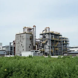 industrial buildings surrounded by undergrowth by asano takeji