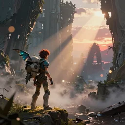 Cinematic stills from The Last Guardian and Horizon Zero Dawn 2 mashup, ruined architecture, god rays, bloom, volumetric fog, moody ambiance, dynamic lighting, twilight, sunset, by James Gurney, by Bouguereau, by Rubens, fantasy, portfolio illustration, highly detailed, trending on Artstation, CGsociety, HQ, 8k, 35mm lens, f2.8, Bokeh,