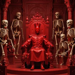 only with red, a red faceless king, in a red throne room, a red majestic kingdom but decadent, many skeletons, in the style of beksinski, parts by edward hopper, parts by michael sowa, parts by yue minjun, intricate and mindblowing composition by bosch, red by caravaggio, high quality, high details, masterpiece, red light, artstation,