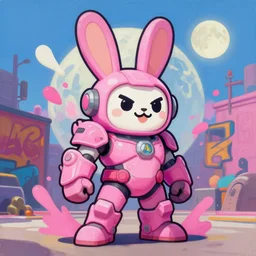 cartoony, happy Joe Rogan portrait painting of a rabbit character from overwatch, armor, girly pink color scheme design, full shot, asymmetrical, splashscreen, Organic Painting, sunny day, Matte Painting, bold shapes, hard edges, cybernetic, moon in background, street art, trending on artstation, by Huang Guangjian and Gil Elvgren and Sachin Teng