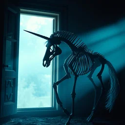 a photograph of a unicorn horse skeleton standing next to an open window, dramatic lighting, cinematic, artstation