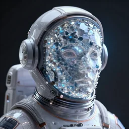 a cyberpunk astronaut, halfturn portrait of a big crystal face made of crystals half - turn,, full face frontal centered, ultra detailed, complementary colors, soft glow by nixeu and guweiz weta, sleek curves, intricate sharp focus, trending on artstation hq, deviantart, pinterest, unreal engine 5,