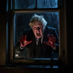 photo of the inside of a dark old rainy bedroom window at night, dimly lit creepy | screaming face of boris johnson staring in through the window, bloody hands, horror, scary face, demonic face,