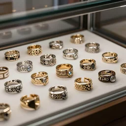 maximalist style collection of rings in a display cabinet, product shot, studio lighting, contemporary design