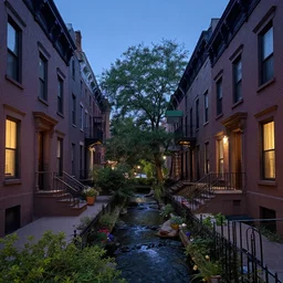 between two 1 9 th - century brooklyn brownstone buildings, a surreal small twilight creek