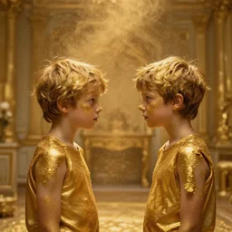 two boys in a golden room gazing at each other, covered with gold foils and gold dust swirling in the air photo, dreamy lighting, cinematic, establishing shot, extremly high detail, post processed, photo by Bernard faucon