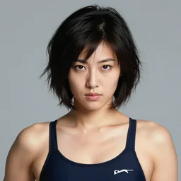 full color sony mavica. 1 9 8 0 s studio faculty headshot of a beautiful gorgeous pretty!! stern intense athletic fit!! hyperfeminine!!! busty!!!! curvaceous japanese american female swim coach in onepiece attire who bears an uncanny resemblance to christina hendricks with black hair. messy! short bobcut hairstyle.