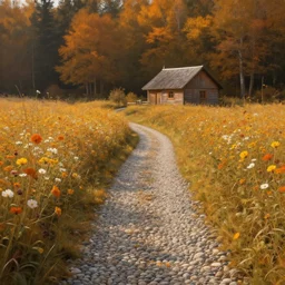pebble path through a flower field leading to a hut. forest in the background. warm autumn day. atmospheric lighting. highly detailed digital painting by ross tran. sharp focus, 8 k.