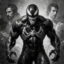 symmetrical beautiful bw portrait of venom, concept art by hieronymus bosch, baroque painting, perfect center composition, detailed octane render trending on artstation artgerm, 8 k artistic photography, volumetric cinematic perfect light, chiaroscuro, masterpiece, raphael, caravaggio, beksinski, rutkowski