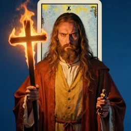 a beautiful! portrait of a stern preacher holding a burning cross in tarot style