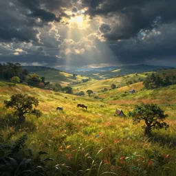 fantasy book cover painting, dramatic shot of a lively landscape in the country, ultradetailed, wallpaper, 4k, prismatic