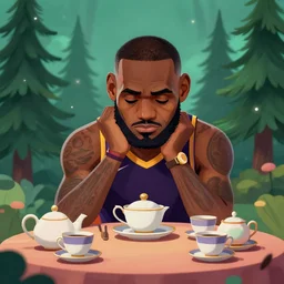 lebron james solemn at tea party, melancholy, cartoonish cute, pine trees, magical atmosphere, trending on artstation, 3 0 mm, by noah bradley trending on artstation, deviantart, high detail, stylized portrait