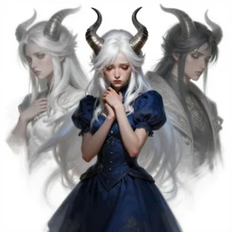 a highly detailed illustration of white haired horned young girl wearing dark blue dress, dramatic sad pose, art by artgerm and greg rutowski and ilya kuvshinov, intricate, elegant, highly detailed, centered, digital painting, artstation, concept art, smooth, sharp focus, league of legends concept art, wlop.