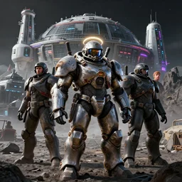 hyper realistic render of heavy hard surface mecha soldier in round helmet by greg rutkowski and vitaly bulgarov, staying in front of soviet era 1 9 8 0 s modern lunar largest research complex facility located in the foothills by ivan shishkin, asher brown durand and eddie mendoza detailed picture, apocalyptic, armor, volumetric lighting, sharp focus, halo, neon, hyper detailed, digital art, trending in artstation, unreal engine 5 rendered, octane render