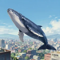 detailed, sharp, humpback whale flying above an overgrown city in a clear sky by Anna Dittmannand, by hayao miyazaki, digital art, trending on artstation, anime arts, featured on Pixiv, HD, 8K, highly detailed, good lighting. beautiful. epic.