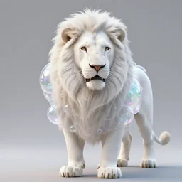 albino white lion with pastel translucent soap bubble clothing creative design, professional portrait photography, candid photography, unreal engine 5, highly detailed, accurate, character concept