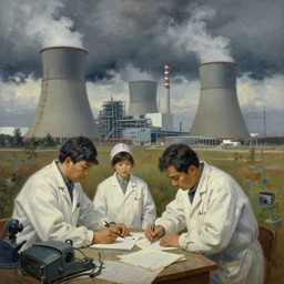 nuclear engineers wearing lab coats, socialist realism paintings, highly detailed, intricate, dark overcast sky, nuclear plant in the background