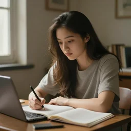 hyperrealistic rendition of lo-fi girl sitting at a desk studying
