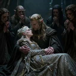 the queen of the elves mourns her king who is dying on her arms while the surrounding elves cry in deep despair, lord of the rings, moody and atmospheric in alan lee and marc simonetti and emil melmoth style  , cinematic lighting