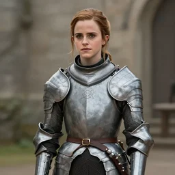 medium shot of emma watson as a knight in a medieval fantasy movie directed by peter jackson, sunset, promotional image, detailed face, movie still frame, imax 5 0 mm film