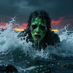 the pain is splattered on the sad monster's green face while huge waves crash against him, water sprays into the air, moody night sky, hints of red and yellow, fantasy, unreal engine