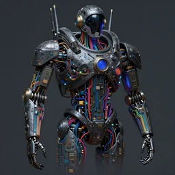 dark hyper detailed suspended robot fighter pilot body made from circuits connected to the mother board with glowing wires and colored fibers and electronic components masterpiece pattern jean giraud digital art painting beautiful _ psychedelic _ acid artgerm dona to giancola tom bagshaw