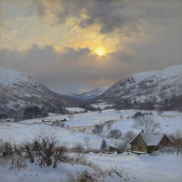 a beautiful oil painting of a Scottish Highland winter landscape, evening light, by Albert Bierstadt and jmw turner, beautiful light, detailed, dramatic