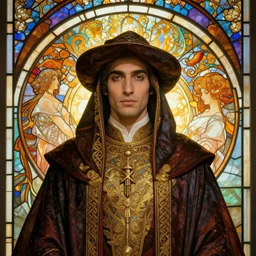 masterpiece head-on symmetrical centered painted portrait, Mais Hamdan as a wizard, ornate robes, glowing stained glass backdrop, elegant, in the style of Ruan Jia and Edgar Maxence and Ross Tran and Alphonse Mucha and Ayami Kojima and Charlie Bowater and Greg Rutkowski and Karol Bak and Jean Delville, Art Nouveau, 8k, specular highlights, octane render