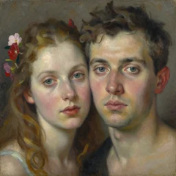 extreme closeup floral portrait of a single man and woman by wojciech siudmak and ernst fuchs, oil on canvas