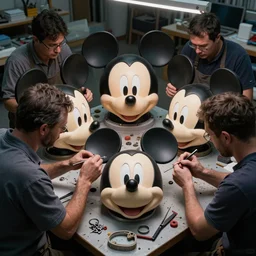several workers in workshop repairing the 3 d head of mickey mouse, made by beeple, cgsociety, artgerm, greg rutkowski, highly detailed intricate 8 k art, low light cinematic, 2 4 mm lens, | upper view | close distance |