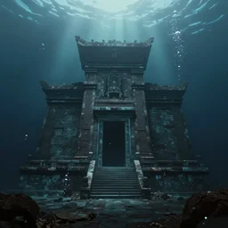 ultrawide shot of submerged pre - incan temple, anime style mixed with fujifilm, dark, underwater, symmetrical, bubbles, abyss, dark, murky, foggy, atmospheric, crepuscular rays, artstation, cgsociety, octane render, cgi, unreal engine 5, denoise, detailed, cinematic masterpiece
