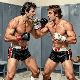 jacques rougeau fighting the dynamite kid in a locker room, wwf, locker room, missing teeth, highly detailed, 1 9 9 4, breath taking, drawn by steve mcniven in the style of the nemesis comic book