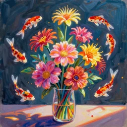 a bouquet of colorful flowers, flowers with very long petals,afternoon sunlight, hard light and long shadows, neon glowing, vivid, koi fish flying around detailed painting, by James Jean and Ross Tran, masterpiece, award winning painting