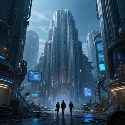 lone travelers walking through the remnants of a dystopian city, art deco architecture, ancient buildings, technological lights, screens, cyberpunk style, 8 k resolution, by hugh ferris and john smith and noriyoshi ohrai, polished, fine detail, intricate, blue color scheme, cyberpunk style, smooth, octane, concept art, trending on artstation