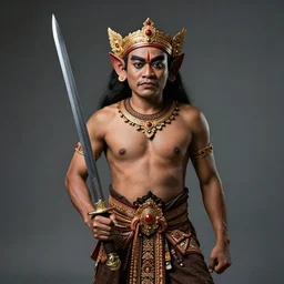 a medium shot, studio photographic portrait of gatot kaca by David Silis,javanese mythology, holding a kris sword,concept art,realistic,photorealistic,8k