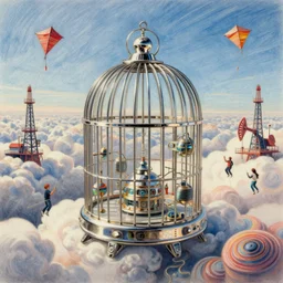 an inflated stainless steel chrome birdcage in the clouds, people are hanging from kites by steel cables. Oil rigs in the sky. Intricate technical drawing. Colored pencil. Mammatus clouds. Ornate, brilliant, utopian, detailed, Golden ratio, solarpunk technology by Lebbeus Woods