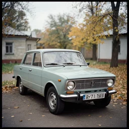 a lomographic photo of old lada 2 1 0 7 standing in typical soviet yard in small town, autumn, cinestill, bokeh